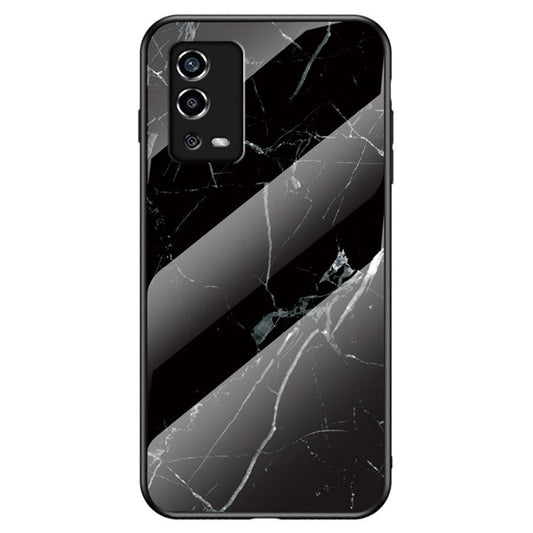 Marble Pattern Shockproof TPU Frame Tempered Glass Back Cover for Oppo A55 4G - Black Marble