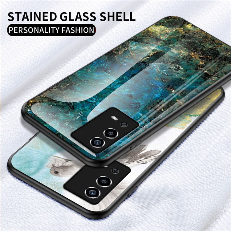 Marble Pattern Shockproof TPU Frame Tempered Glass Back Cover for Oppo A55 4G - Black Marble