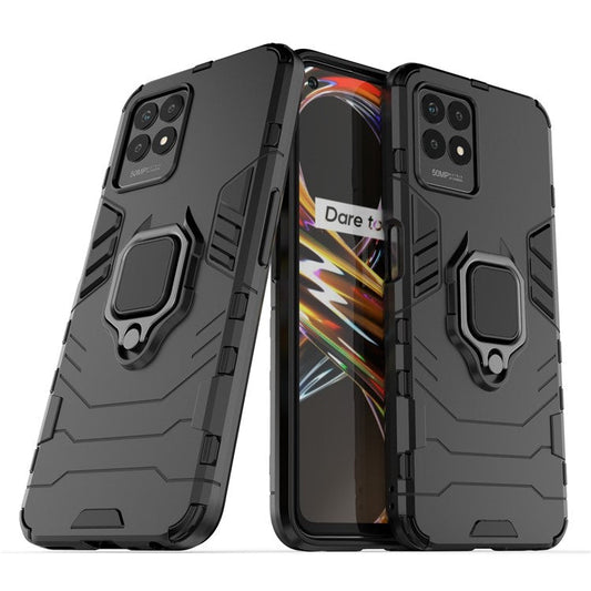 Ring Holder Kickstand Shockproof Hard PC + Soft TPU Phone Hybrid Case Cover for Realme 8i/Narzo 50 4G - Black