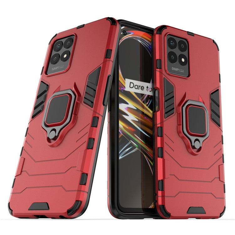 Ring Holder Kickstand Shockproof Hard PC + Soft TPU Phone Hybrid Case Cover for Realme 8i/Narzo 50 4G - Red