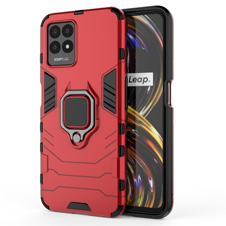 Ring Holder Kickstand Shockproof Hard PC + Soft TPU Phone Hybrid Case Cover for Realme 8i/Narzo 50 4G - Red