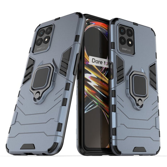Ring Holder Kickstand Shockproof Hard PC + Soft TPU Phone Hybrid Case Cover for Realme 8i/Narzo 50 4G - Blue