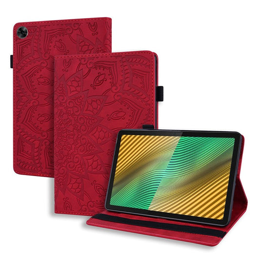 Shockproof Flip Cover Flower Pattern Imprinting Stand Design Anti-fall Leather Tablet Case with Card Slots and Pen Holder for Realme Pad - Red
