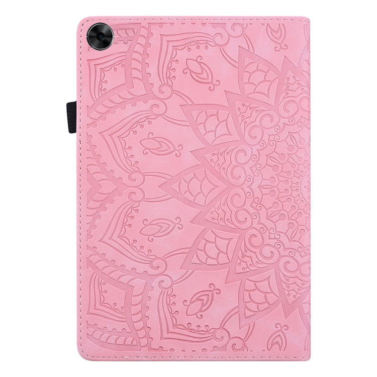 Shockproof Flip Cover Flower Pattern Imprinting Stand Design Anti-fall Leather Tablet Case with Card Slots and Pen Holder for Realme Pad - Pink