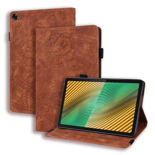 Shockproof Flip Cover Flower Pattern Imprinting Stand Design Anti-fall Leather Tablet Case with Card Slots and Pen Holder for Realme Pad - Brown