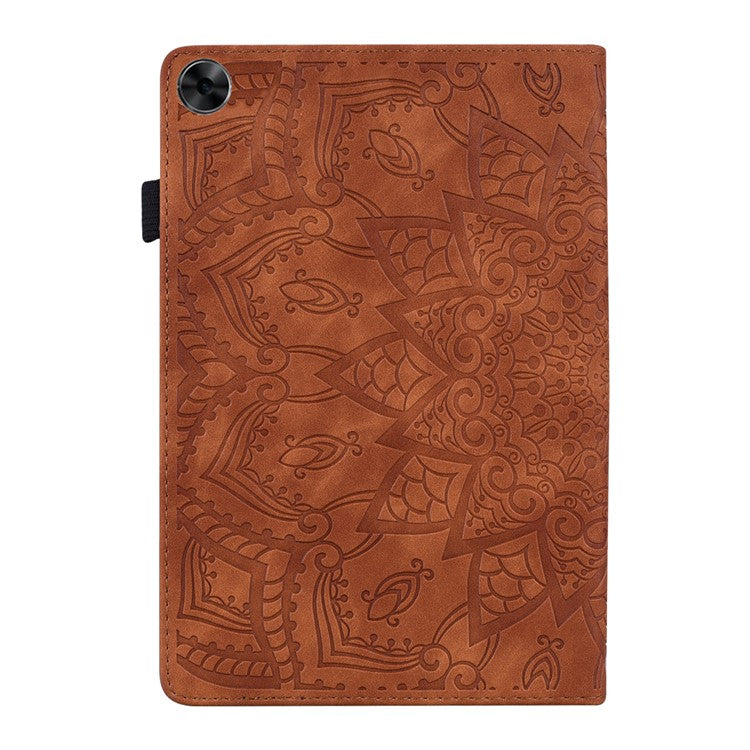 Shockproof Flip Cover Flower Pattern Imprinting Stand Design Anti-fall Leather Tablet Case with Card Slots and Pen Holder for Realme Pad - Brown