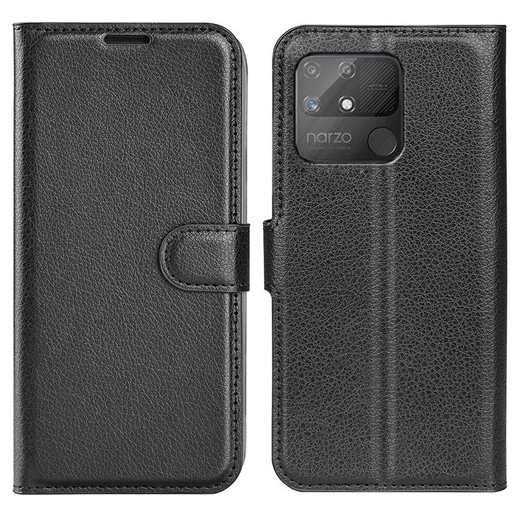 Litchi Texture PU Leather Wallet Case Stand Flip Magnetic Protective Cover for Realme Narzo 50A - Black