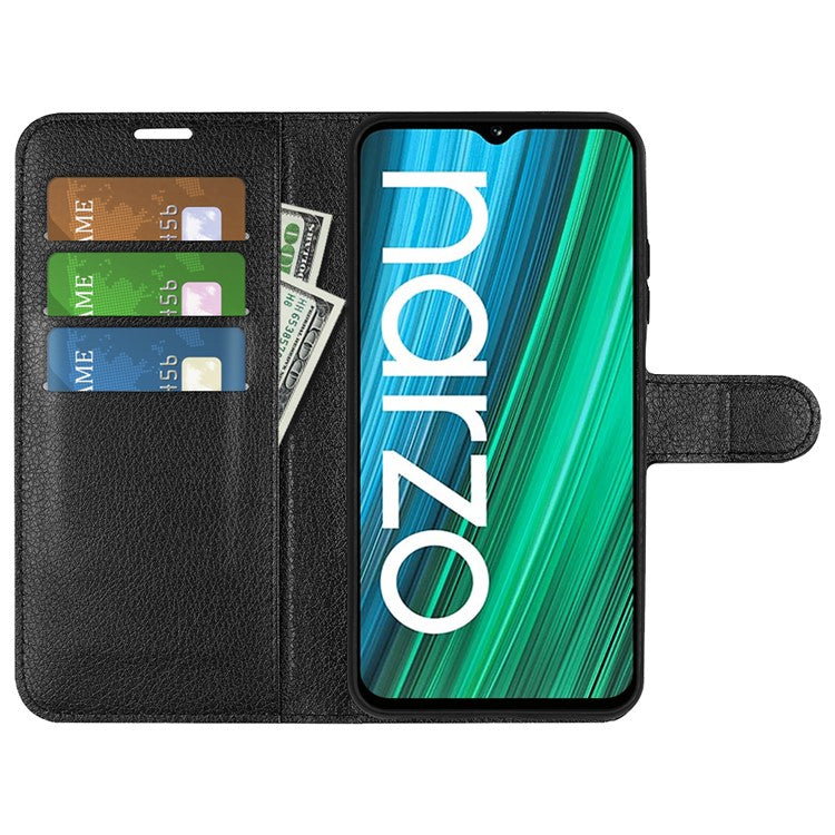 Litchi Texture PU Leather Wallet Case Stand Flip Magnetic Protective Cover for Realme Narzo 50A - Black