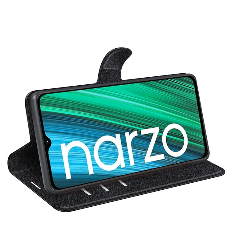Litchi Texture PU Leather Wallet Case Stand Flip Magnetic Protective Cover for Realme Narzo 50A - Black