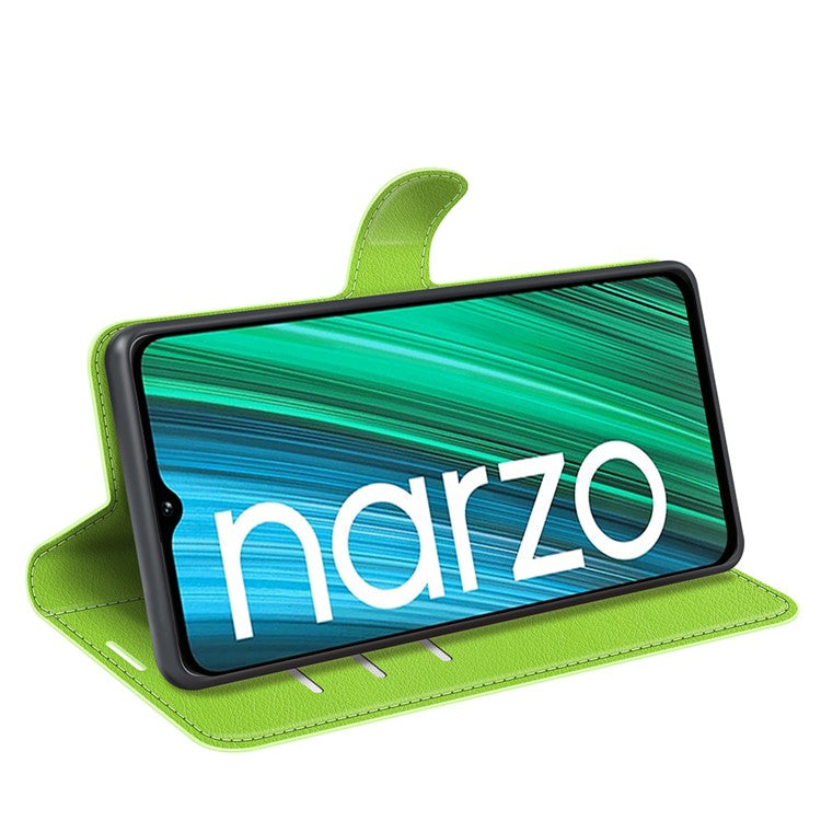 Litchi Texture PU Leather Wallet Case Stand Flip Magnetic Protective Cover for Realme Narzo 50A - Green