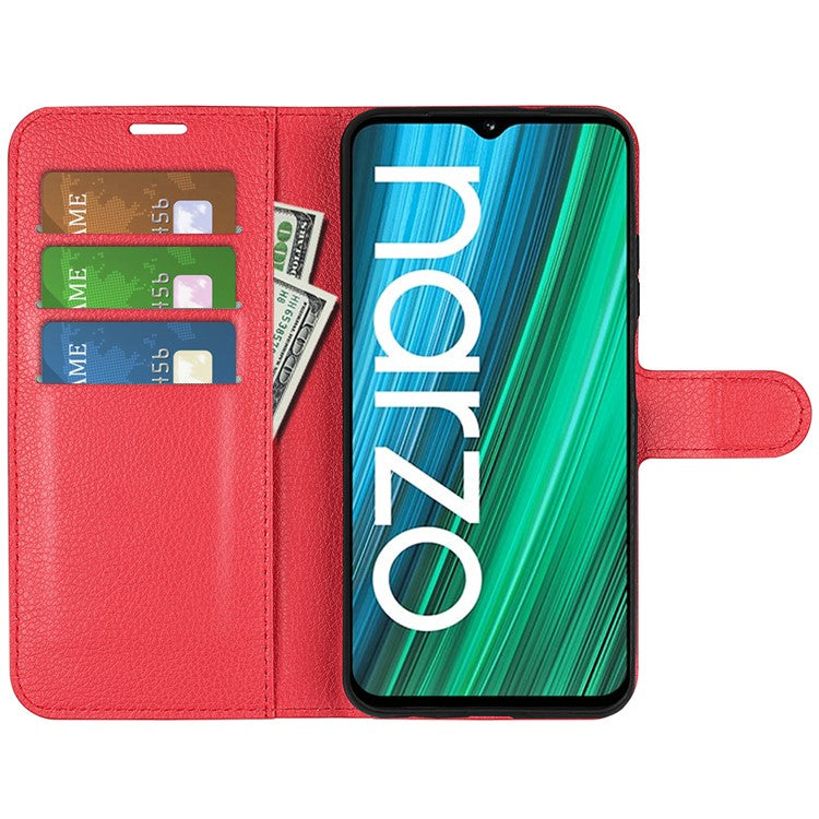 Litchi Texture PU Leather Wallet Case Stand Flip Magnetic Protective Cover for Realme Narzo 50A - Red
