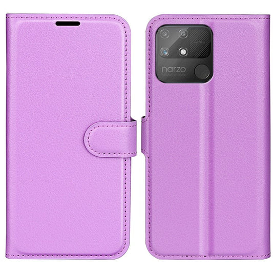 Litchi Texture PU Leather Wallet Case Stand Flip Magnetic Protective Cover for Realme Narzo 50A - Purple
