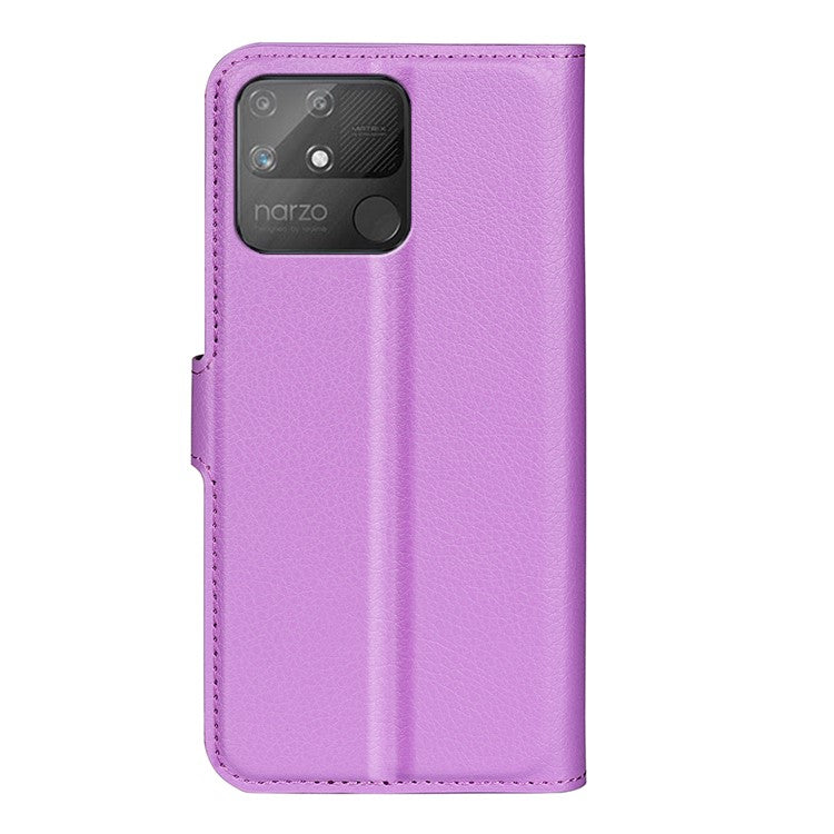 Litchi Texture PU Leather Wallet Case Stand Flip Magnetic Protective Cover for Realme Narzo 50A - Purple