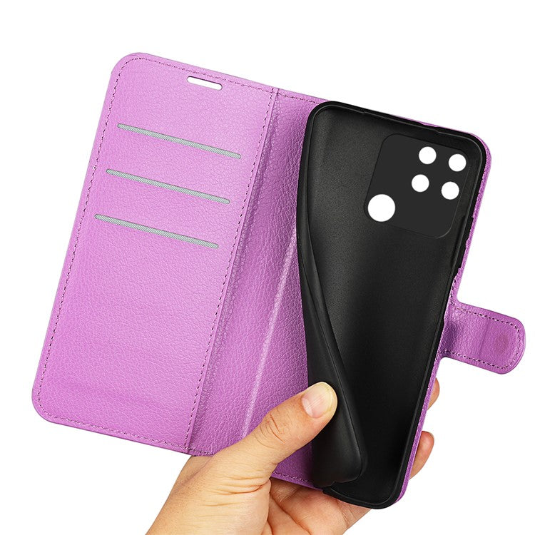 Litchi Texture PU Leather Wallet Case Stand Flip Magnetic Protective Cover for Realme Narzo 50A - Purple