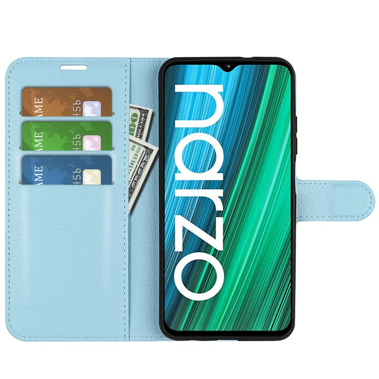 Litchi Texture PU Leather Wallet Case Stand Flip Magnetic Protective Cover for Realme Narzo 50A - Blue