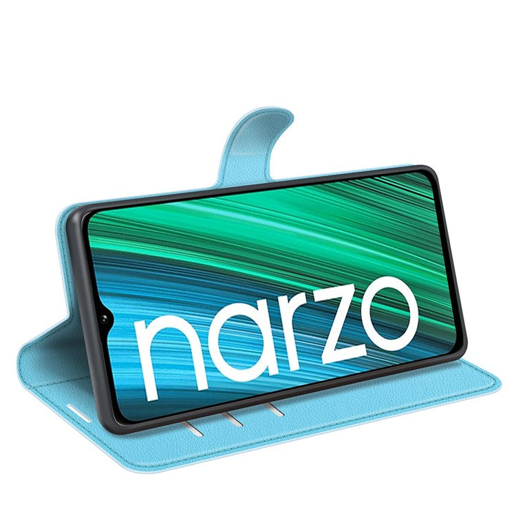Litchi Texture PU Leather Wallet Case Stand Flip Magnetic Protective Cover for Realme Narzo 50A - Blue