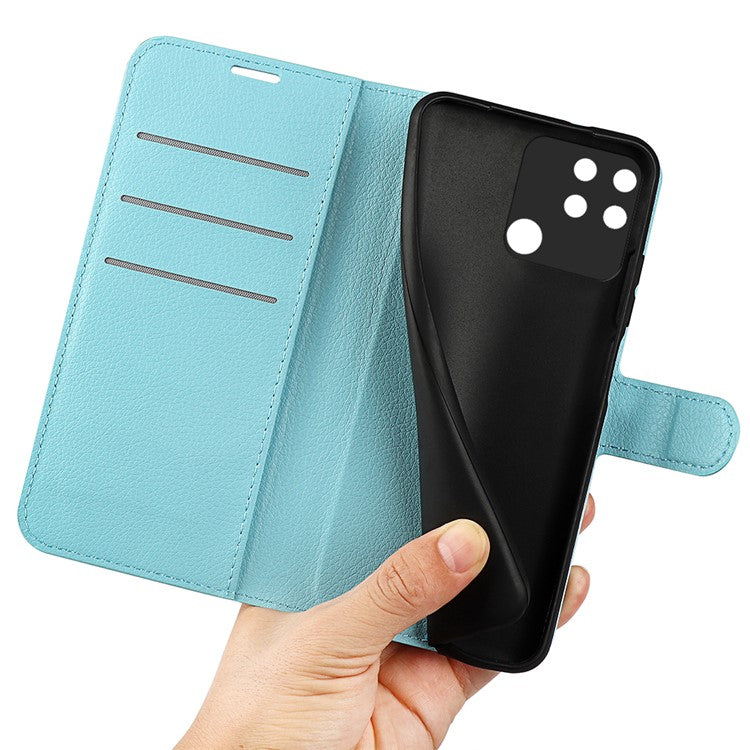 Litchi Texture PU Leather Wallet Case Stand Flip Magnetic Protective Cover for Realme Narzo 50A - Blue