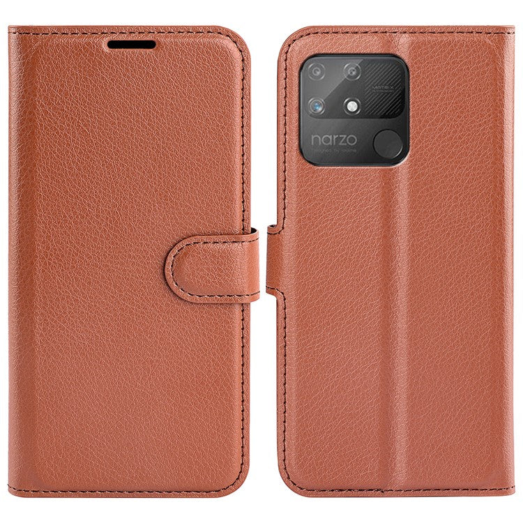 Litchi Texture PU Leather Wallet Case Stand Flip Magnetic Protective Cover for Realme Narzo 50A - Brown