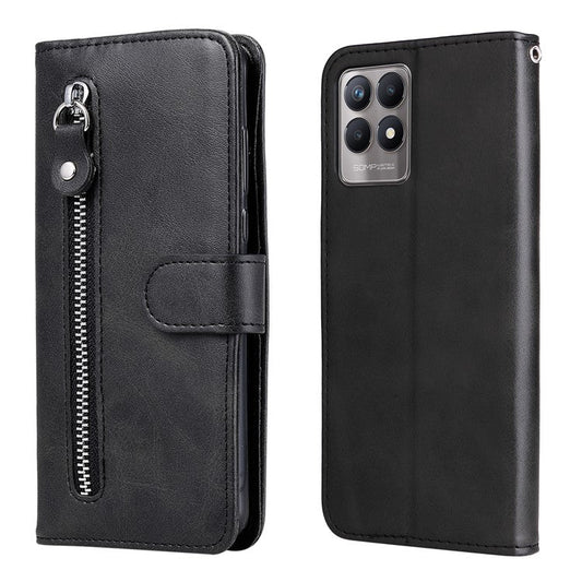 Folio Flip PU Leather Phone Case Zipper Pocket Design Wallet Drop-Resistant Case with Stand for Realme 8i/Narzo 50 4G - Black