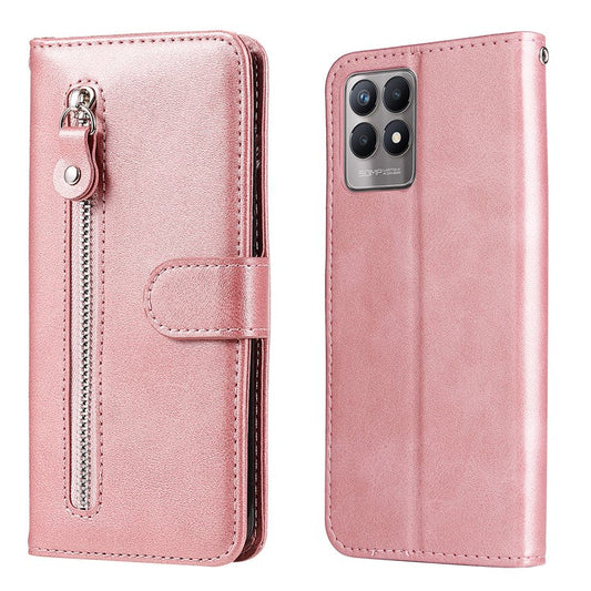 Folio Flip PU Leather Phone Case Zipper Pocket Design Wallet Drop-Resistant Case with Stand for Realme 8i/Narzo 50 4G - Rose Gold