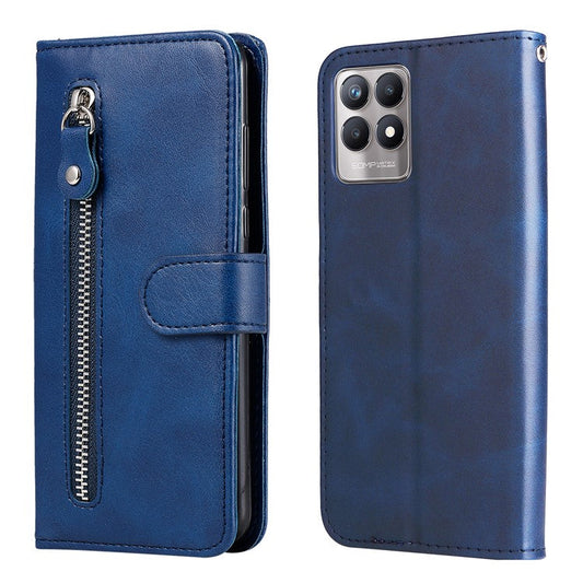 Folio Flip PU Leather Phone Case Zipper Pocket Design Wallet Drop-Resistant Case with Stand for Realme 8i/Narzo 50 4G - Blue