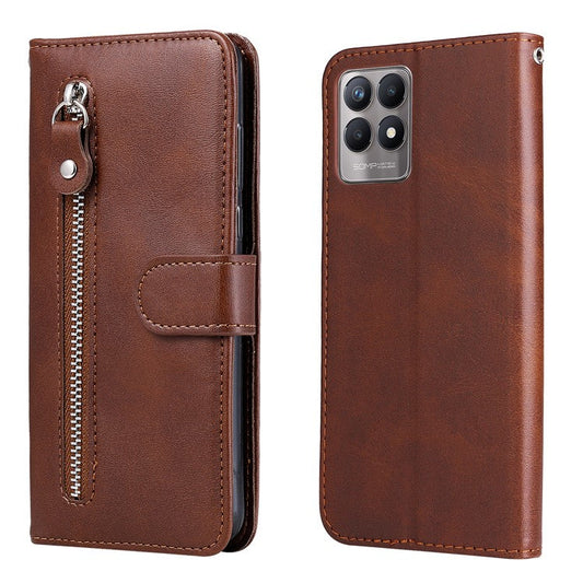 Folio Flip PU Leather Phone Case Zipper Pocket Design Wallet Drop-Resistant Case with Stand for Realme 8i/Narzo 50 4G - Brown