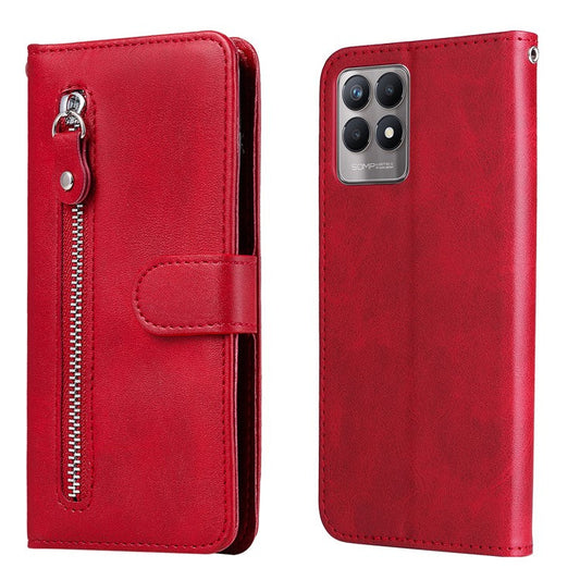 Folio Flip PU Leather Phone Case Zipper Pocket Design Wallet Drop-Resistant Case with Stand for Realme 8i/Narzo 50 4G - Red