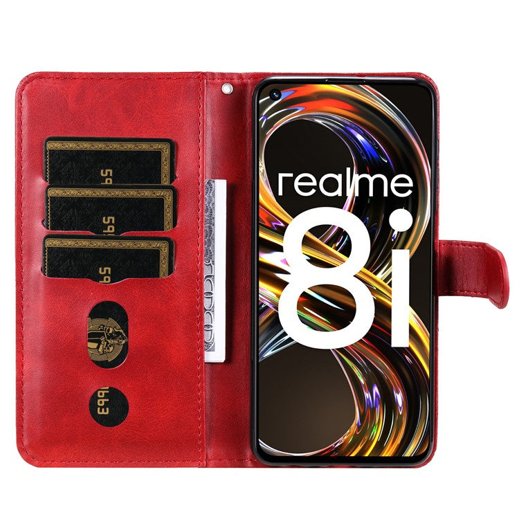Folio Flip PU Leather Phone Case Zipper Pocket Design Wallet Drop-Resistant Case with Stand for Realme 8i/Narzo 50 4G - Red