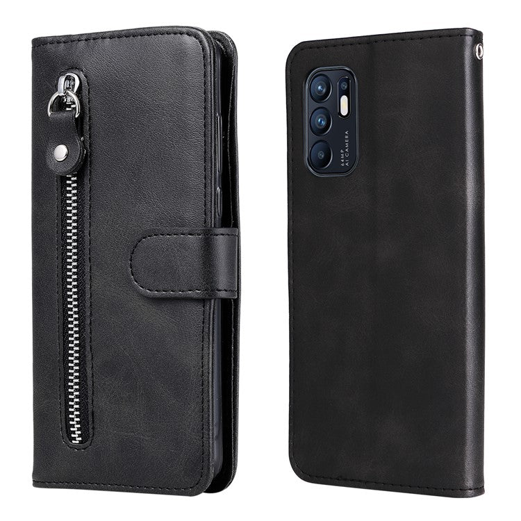 PU Leather Phone Case Zipper Pocket Design Wallet Stand Anti-Collision Phone Case for Oppo Reno6 4G - Black