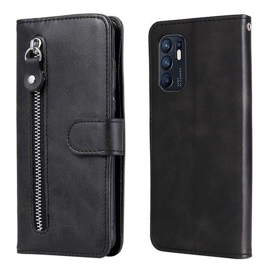 PU Leather Phone Case Zipper Pocket Design Wallet Stand Anti-Collision Phone Case for Oppo Reno6 4G - Black