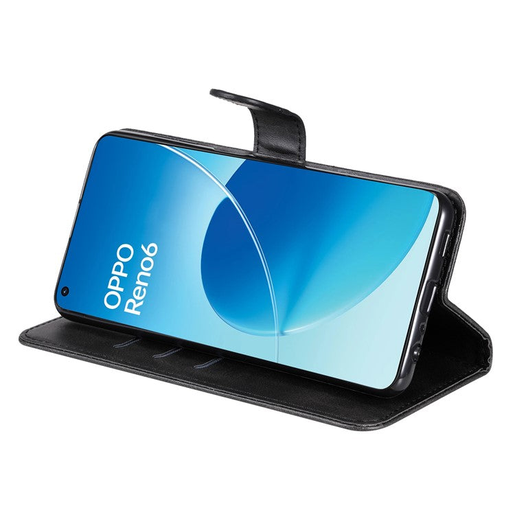 PU Leather Phone Case Zipper Pocket Design Wallet Stand Anti-Collision Phone Case for Oppo Reno6 4G - Black