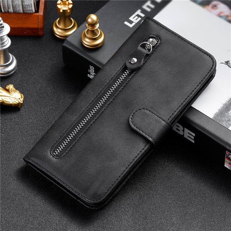 PU Leather Phone Case Zipper Pocket Design Wallet Stand Anti-Collision Phone Case for Oppo Reno6 4G - Black