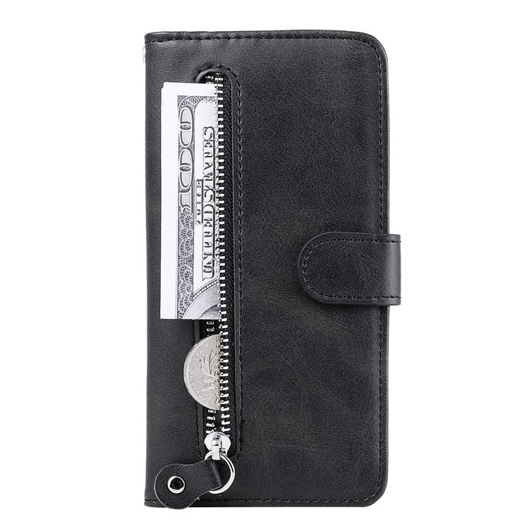 PU Leather Phone Case Zipper Pocket Design Wallet Stand Anti-Collision Phone Case for Oppo Reno6 4G - Black