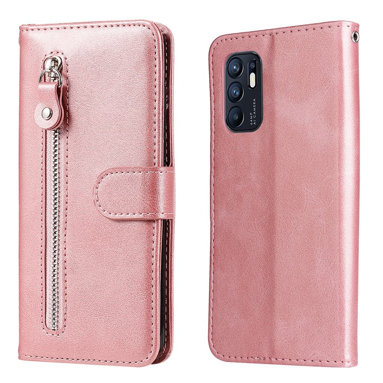 PU Leather Phone Case Zipper Pocket Design Wallet Stand Anti-Collision Phone Case for Oppo Reno6 4G - Rose Gold