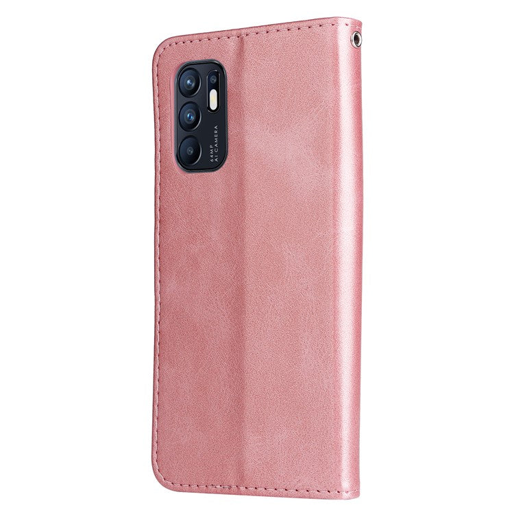 PU Leather Phone Case Zipper Pocket Design Wallet Stand Anti-Collision Phone Case for Oppo Reno6 4G - Rose Gold