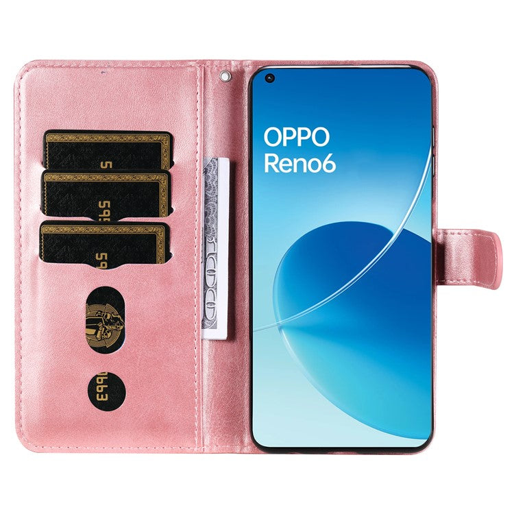 PU Leather Phone Case Zipper Pocket Design Wallet Stand Anti-Collision Phone Case for Oppo Reno6 4G - Rose Gold