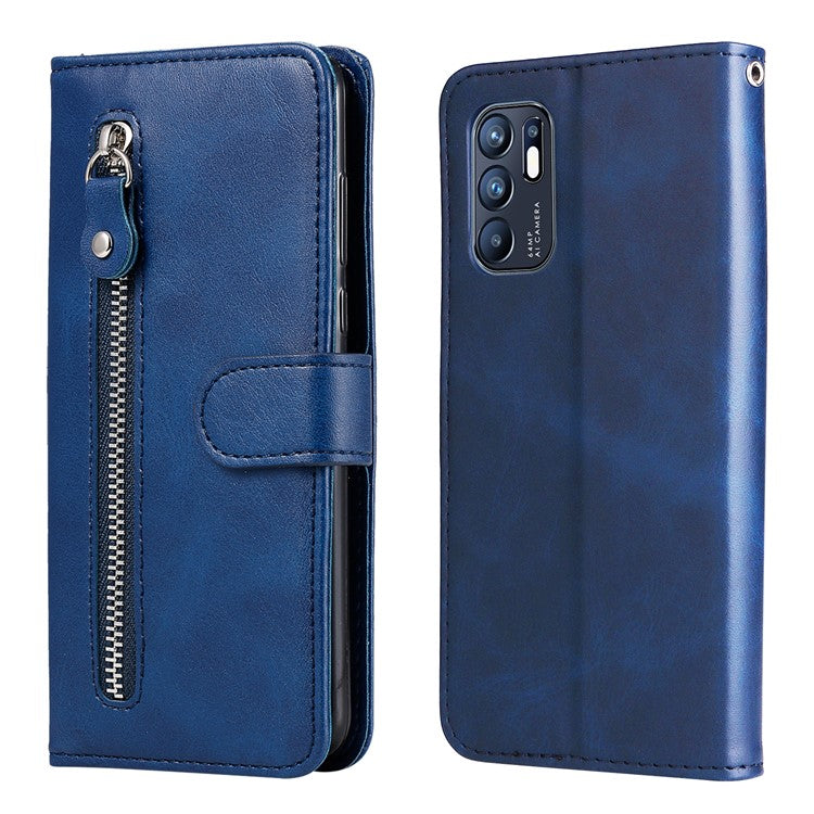 PU Leather Phone Case Zipper Pocket Design Wallet Stand Anti-Collision Phone Case for Oppo Reno6 4G - Blue