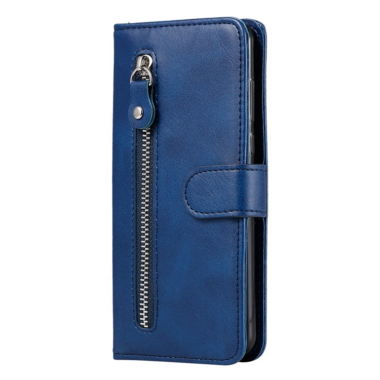 PU Leather Phone Case Zipper Pocket Design Wallet Stand Anti-Collision Phone Case for Oppo Reno6 4G - Blue