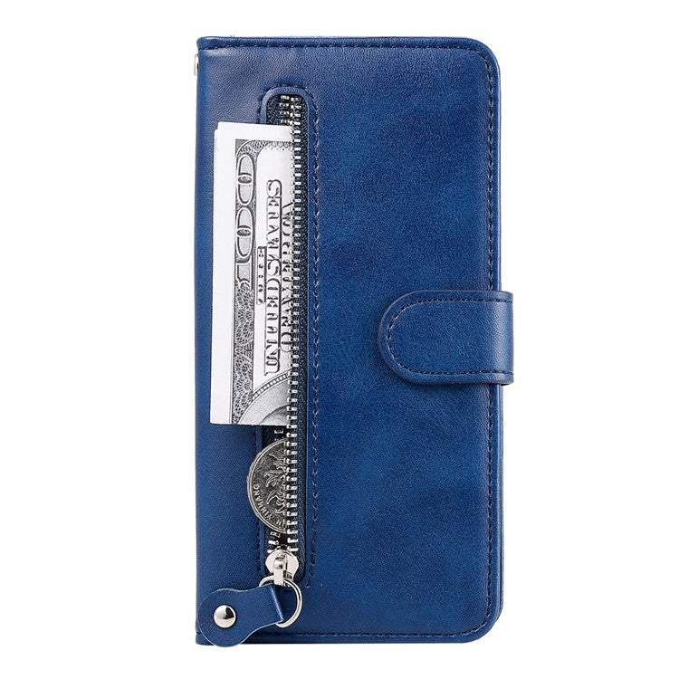PU Leather Phone Case Zipper Pocket Design Wallet Stand Anti-Collision Phone Case for Oppo Reno6 4G - Blue