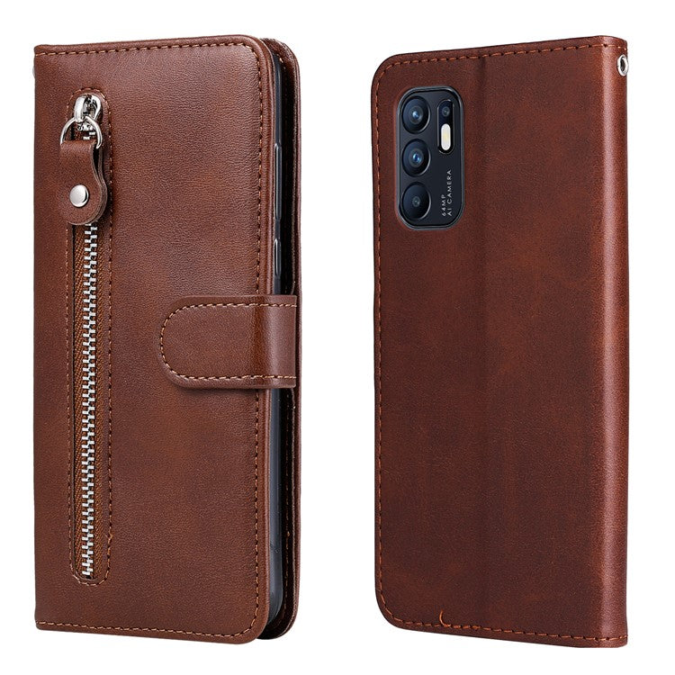 PU Leather Phone Case Zipper Pocket Design Wallet Stand Anti-Collision Phone Case for Oppo Reno6 4G - Brown