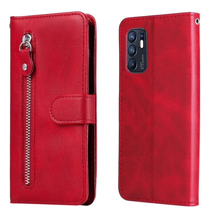 PU Leather Phone Case Zipper Pocket Design Wallet Stand Anti-Collision Phone Case for Oppo Reno6 4G - Red