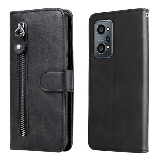Folding PU Leather Phone Case Zipper Coin Pocket Design Case with Wallet Stand for Realme GT Neo2 5G/GT Neo 3T 5G - Black