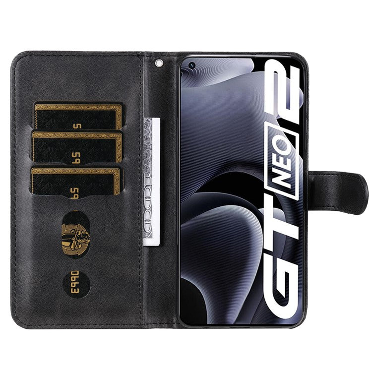 Folding PU Leather Phone Case Zipper Coin Pocket Design Case with Wallet Stand for Realme GT Neo2 5G/GT Neo 3T 5G - Black