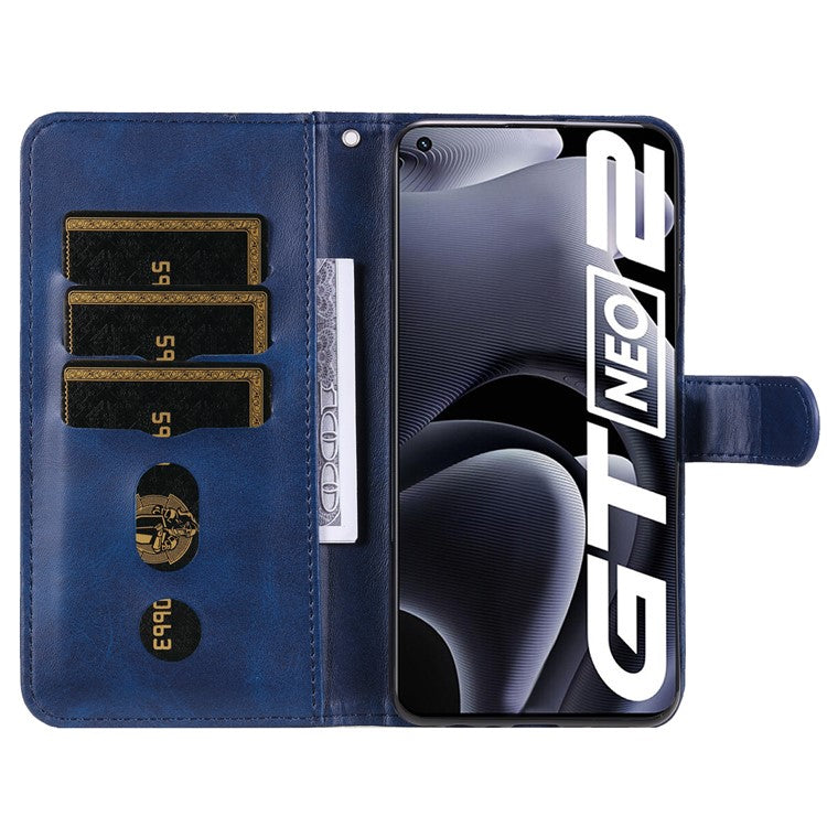 Folding PU Leather Phone Case Zipper Coin Pocket Design Case with Wallet Stand for Realme GT Neo2 5G/GT Neo 3T 5G - Blue