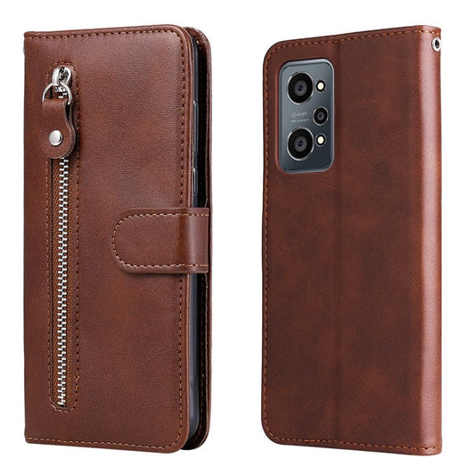 Folding PU Leather Phone Case Zipper Coin Pocket Design Case with Wallet Stand for Realme GT Neo2 5G/GT Neo 3T 5G - Brown