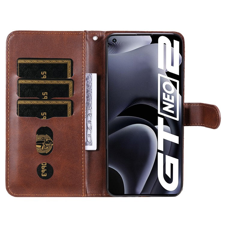 Folding PU Leather Phone Case Zipper Coin Pocket Design Case with Wallet Stand for Realme GT Neo2 5G/GT Neo 3T 5G - Brown