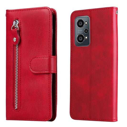 Folding PU Leather Phone Case Zipper Coin Pocket Design Case with Wallet Stand for Realme GT Neo2 5G/GT Neo 3T 5G - Red