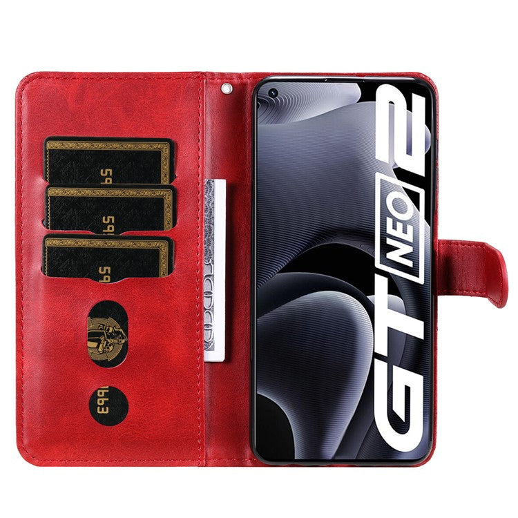 Folding PU Leather Phone Case Zipper Coin Pocket Design Case with Wallet Stand for Realme GT Neo2 5G/GT Neo 3T 5G - Red
