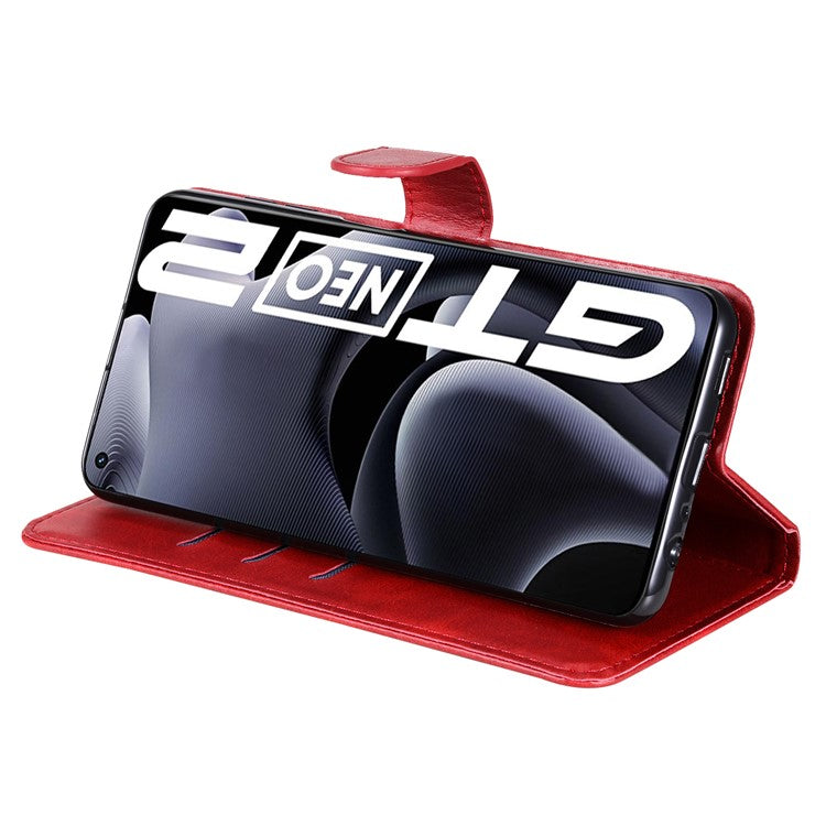 Folding PU Leather Phone Case Zipper Coin Pocket Design Case with Wallet Stand for Realme GT Neo2 5G/GT Neo 3T 5G - Red