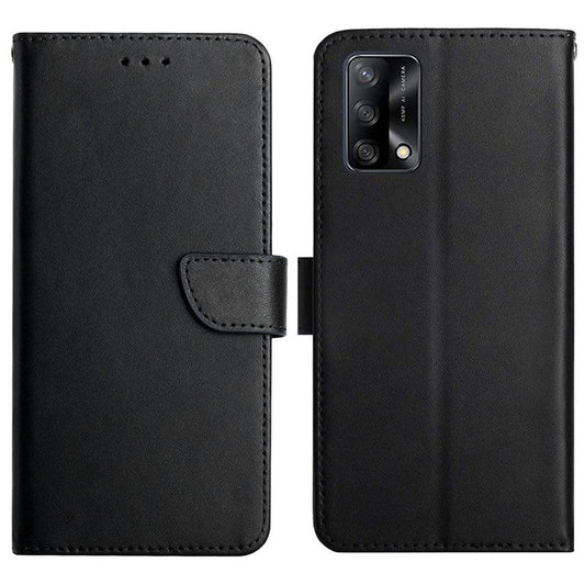 Wallet Phone Flip Shell For Oppo A74 4G/Oppo F19 Shockproof Nappa Texture Solid Color Stand Genuine Leather Mobile Phone Cover - Black